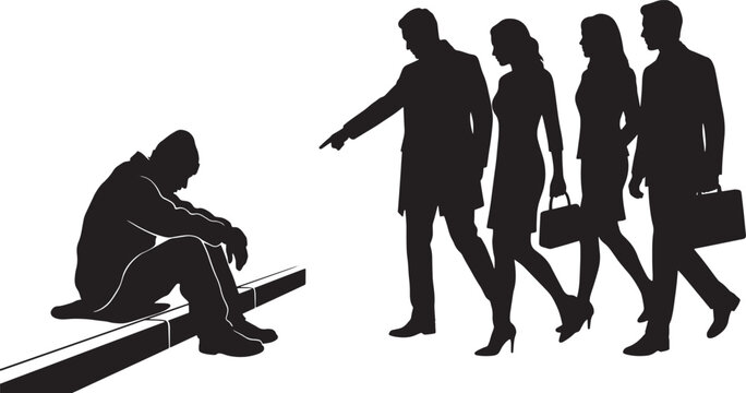 Silhouette of a group of business people pointing at a lonely sitting person representing social exclusion vector