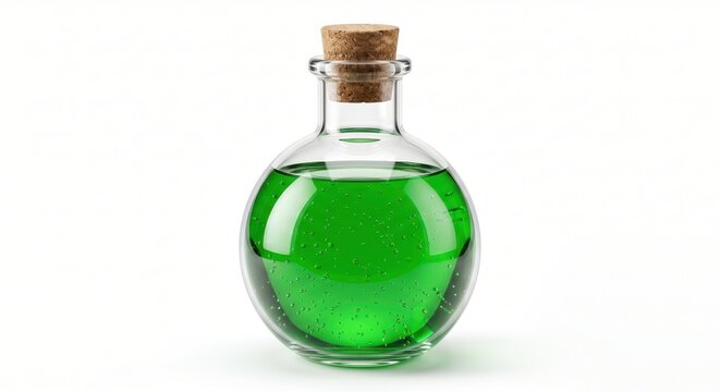 A clear glass potion bottle with a cork stopper contains a vibrant green liquid, against a white background.