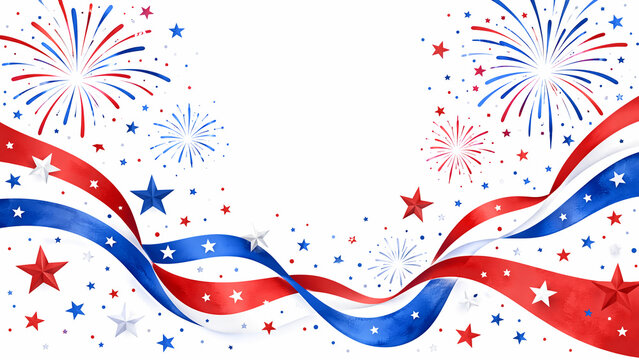 Patriotic Fireworks with Stars and Ribbons