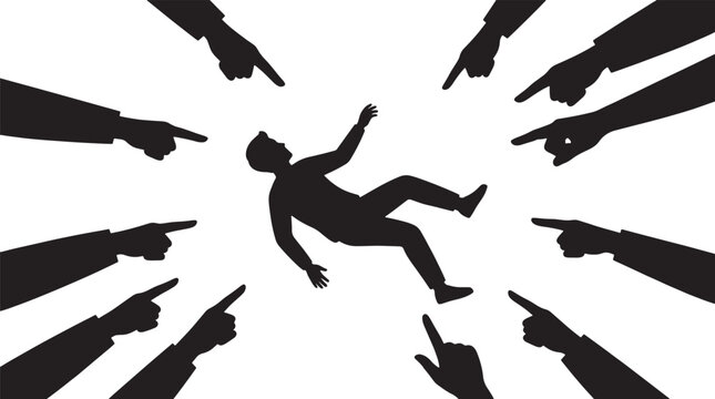Silhouette of a person falling surrounded by many pointing fingers representing social judgment and public blame vector