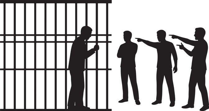 Silhouette of a prisoner behind bars with people pointing fingers representing judgment and social exclusion vector illustration