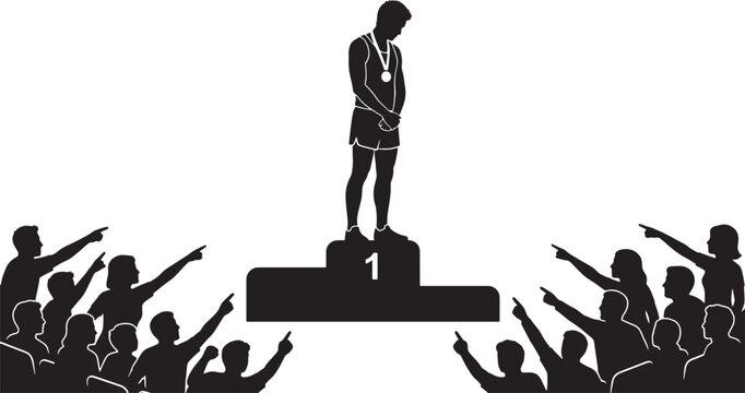 Silhouette of a sad athlete standing on a winner podium with a crowd pointing fingers at him