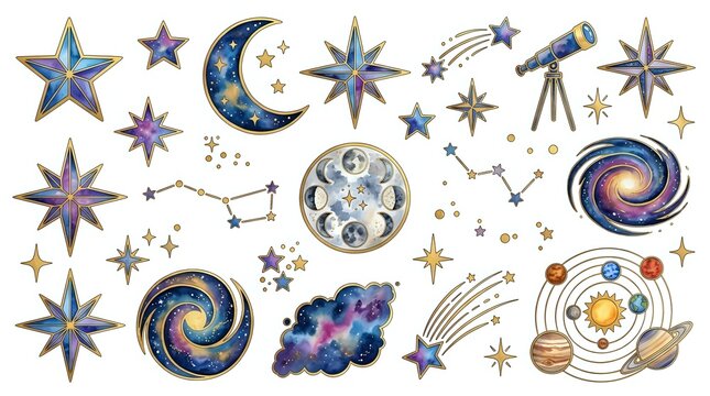 Celestial stars, moons, planets, and galaxies isolated on white background. Astronomy and space themed clipart collection for educational materials, designs, and creative projects.