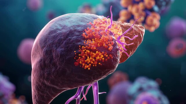 Medical animation showing malignant mass growing in a man's liver with surrounding cells and tissues during the visualization of cancer progression
