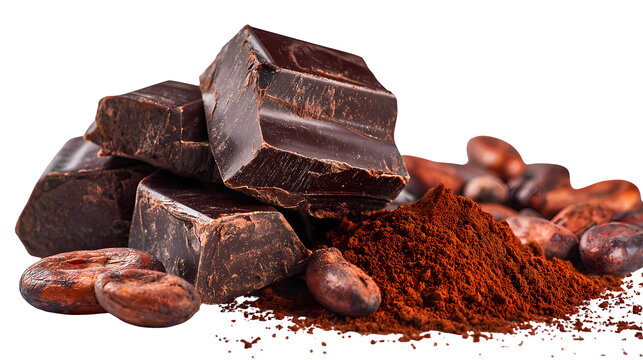 Delicious dark chocolate chunks cocoa beans and powder for baking dessert sweet treat snack.
