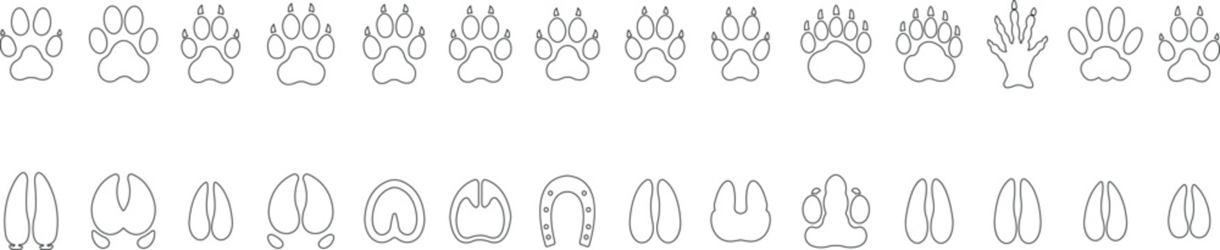 Animal Foot Print Icon Set Collection and Group, Pawtrack, Pawmark, Footstep, Hoofprint, Clawmark, Wildlife Track Vector Pack in Flat and Line Style Isolated Design