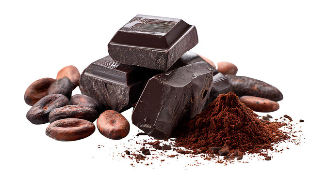 Delicious dark chocolate chunks cocoa beans and powder for baking dessert sweet treat snack.