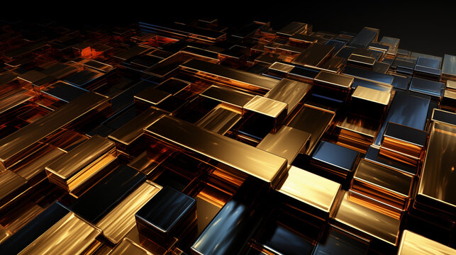 Reflective metallic blocks forming an abstract geometric technology landscape