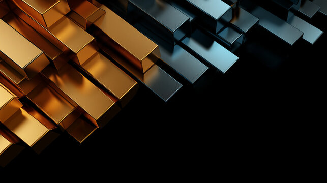 Stacked metallic beams with reflective gold and chrome surfaces on black background