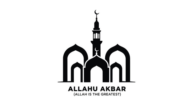 Islamic mosque silhouette with Allahu Akbar text and crescent moon Keywords: islam, mosque, allah, akbar, allah akbar, god, religion, faith, worship, prayer
