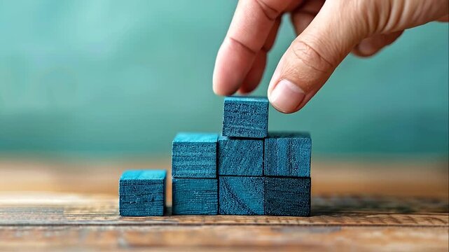 Person placing the final blue wooden cube onto a stack on a rustic wooden table to complete a structure