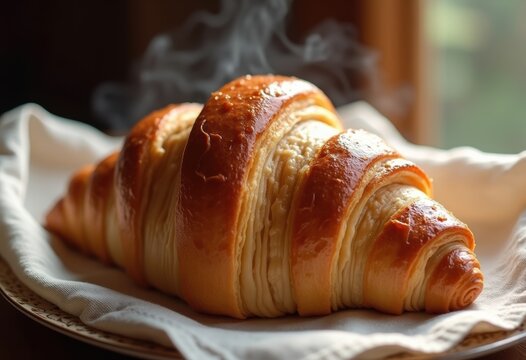 Flaky Croissant on Textured Linen Breakfast Cloth Morning Delight Gourmet Baked Good