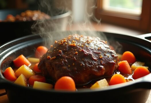 Hearty Pot Roast Carrots Potatoes Rustic Dutch Oven Comfort Food Amidst Kitchen Warmth