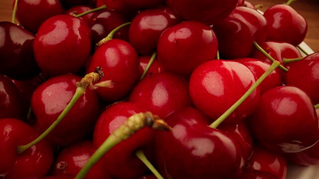 Panning closely over a pile of wet glossy ripe red sweet cherries glistening with water droplets as more fresh cherries fall onto the stack over dark background