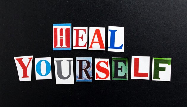 Words HEAL YOURSELF cut from magazines arranged on a dark background