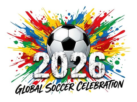Soccer ball with 2026 typography and paint splatter background