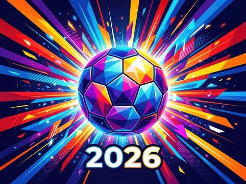 Futuristic soccer ball with vibrant light burst and 2026 text