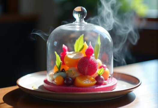 Visually Stunning Molecular Techniques Showcased Under Glass Cloche at Elite Dining Venue