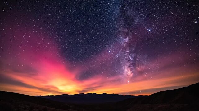 A vibrant night sky filled with stars above dark mountain silhouettes