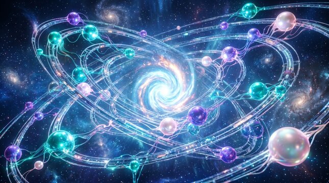 Abstract cosmic node orbits swirling around a bright spiral vortex galaxy in futuristic deep space