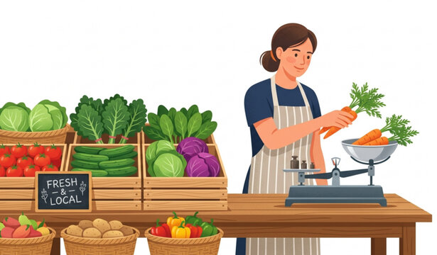 Market Vendor Measuring Vegetables Fresh Produce Vector Illustration