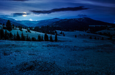 mountainous countryside landscape on summer night. full moon over view of green rural scenery with grassy pastures and rolling forested hills. mysterious mountain weather with cloudy sky © Pellinni