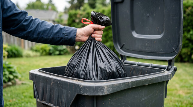 A person's hand is seen dropping a black trash bag into a large, dark grey outdoor garbage can with the lid open in a lush green backyard environment.