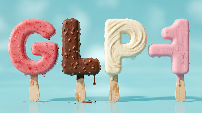 Glp-1 text shaped as delicious ice cream popsicles on wooden sticks with melting strawberry chocolate and vanilla frosting against a bright light blue background for weight loss.