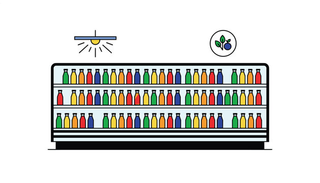 Retail shelves display rows of colorful beverage bottles under a bright light fixture with a fresh fruit icon overhead.
