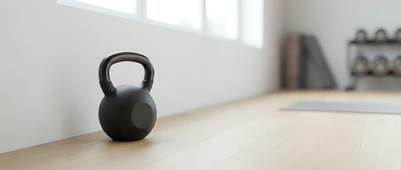 Obraz premium Black kettlebell weight on wooden floor in bright gym studio with natural light, suitable for fitness, training, and workout design projects.