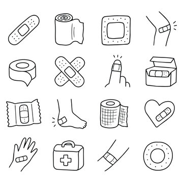 Medical Adhesive Bandage Icons Set. Hand drawn sketches showing first aid supplies for recovery. This collection evokes emotional healing, self care and minor injury support.