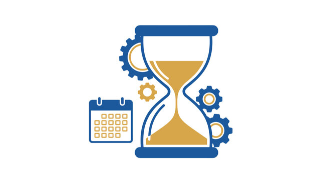 Large sand-timer with flowing sand positioned next to a calendar and mechanical gears to symbolize time tracking, operational efficiency, and project management deadlines.