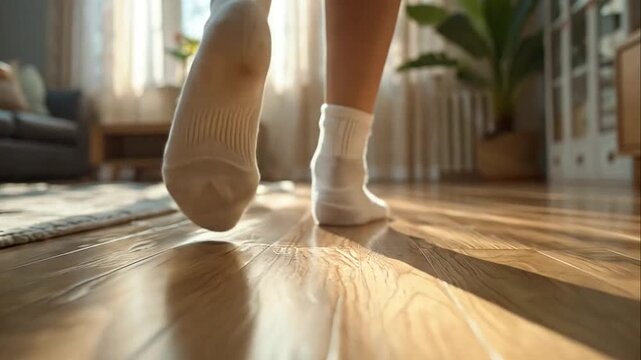 Person wearing white socks walking on wooden floor in sunny living room