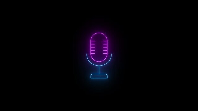 Glowing neon audio or mic icon on transparent background. abstract microphone icon and pink cyberpunk wireframe grid horizon for audio recorder show.