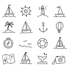 Obraz premium Nautical Icons Hand Drawn Set. Marine sketches symbolize wanderlust and maritime adventure for your creative ocean themed projects with whimsical doodle graphic elements.