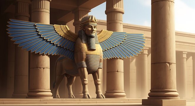 Ancient mesopotamian lamassu statue with wings standing in a grand stone temple hall