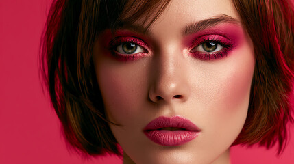 Fototapeta premium Portrait of a woman with bold makeup against a vibrant pink background, showcasing beauty and style.