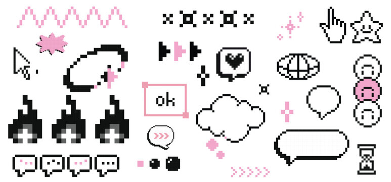 Pixel y2k isometric poster set. love angry faces speech bubble fire kiss sparkle star etc. Social media cards posts and chat elements