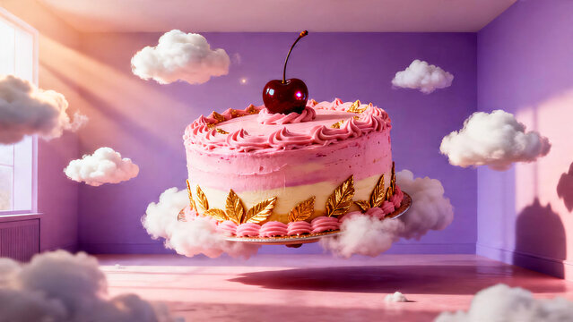 Surreal giant retro pink frosted cake floating in pastel room