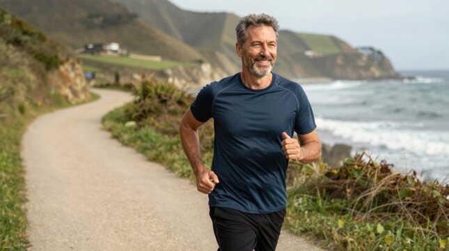 Middle aged man jogging along coastal path by ocean