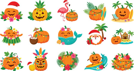 Obraz premium Pumpkin character celebrates with maracas and a straw hat in a summer.