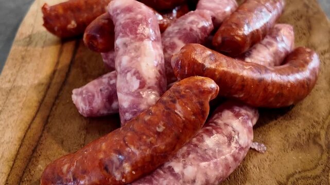Assortment of chipolatas and merguez close-up cinematic view. Macro shot of assortment of chipolatas and merguez. Assortment of chipolatas and merguez in slow motion.