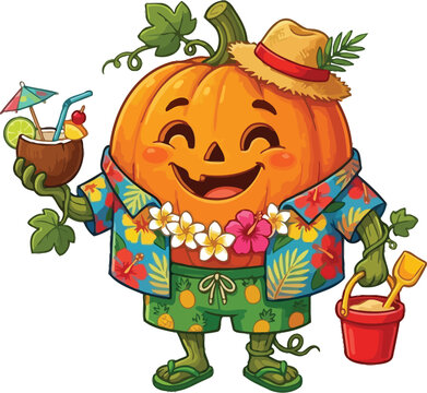 Pumpkin personification carries a plastic beach bucket for a fun day by the.