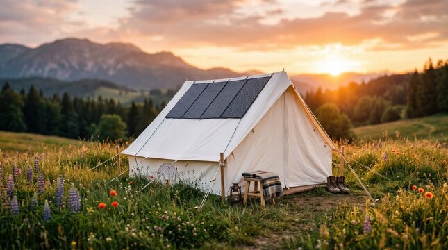 Camping adventure in serene nature landscape relaxing tent setup at sunset peaceful outdoor experience