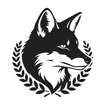 Stylized profile of a black fox head with a laurel wreath border isolated on a transparent background representing cunning and achievement