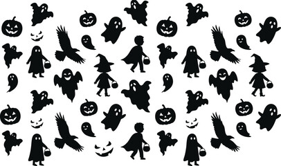 Obraz premium Halloween silhouettes of pumpkins ghosts ravens and trick or treaters on white background