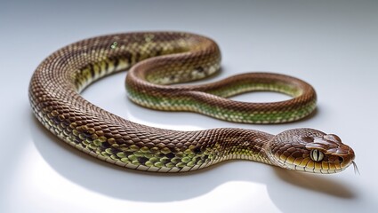 Fototapeta premium Brown and green patterned snake with smooth scales resting on a reflective surface, showcasing its elongated body and distinct head features