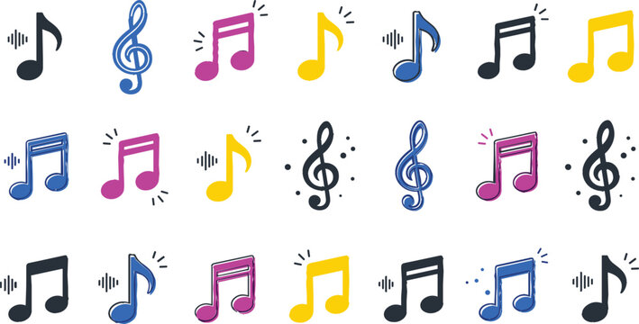 Colorful music note icon set with bright flat symbols for treble clef, eighth notes, audio waves, song playlist UI, and decorative sound elements vector