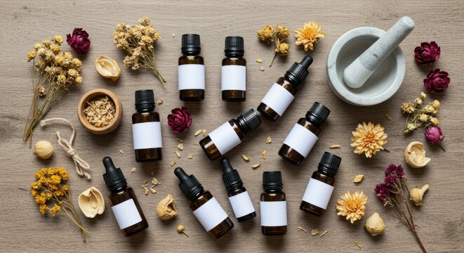 Herbal essential oil bottles and flowers on a wooden table with mortar.