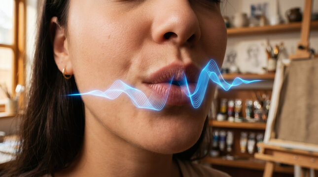 Woman with sound wave near mouth.